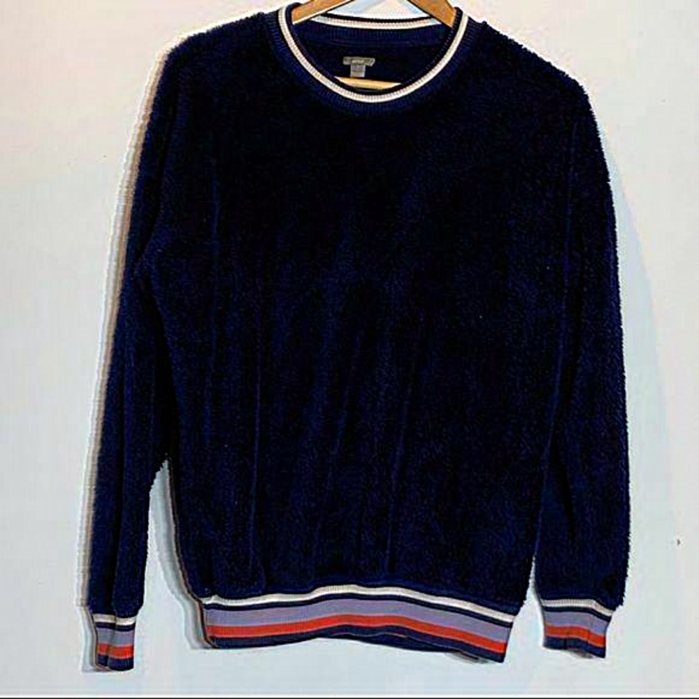 EUC aerie‎ navy sherpa vintage style sweatshirt white, pink and lavender trim